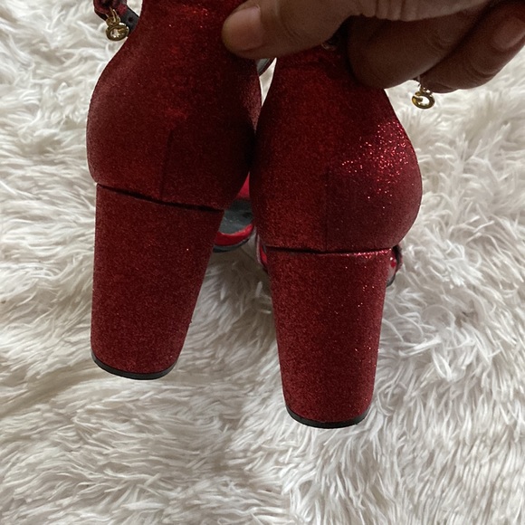 Womens Sz 7.5M red low stacked heel strap ankle wrapped glitter party sandals - Picture 11 of 13